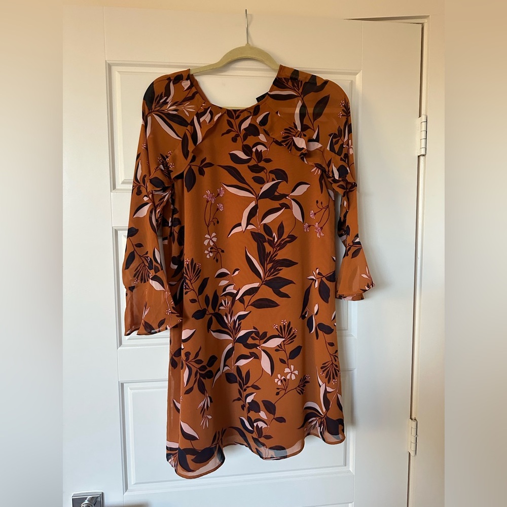 Ann Taylor Burnt Orange/Brown Floral Long Sleeve Dress